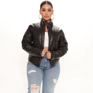 Black faux leather leather puffer jacket